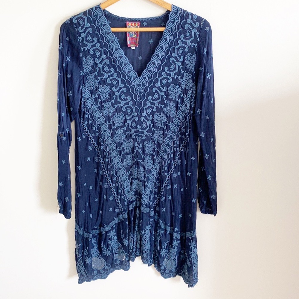 Johnny Was blue v-neck embroidered tunic dress